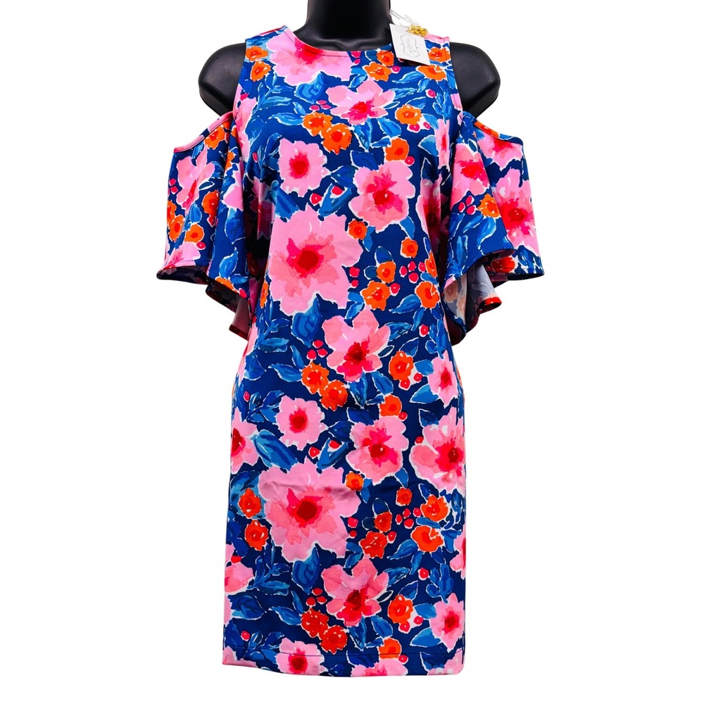 NWT Mud Pie Birdie Ruffle Dress Floral Blue Pink Orange Cold Shoulder Small